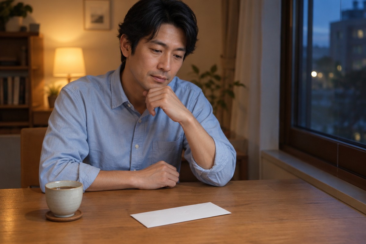夜、テーブルの上の白い封筒を前に、お茶を横に置いて落ち着いて考える男性