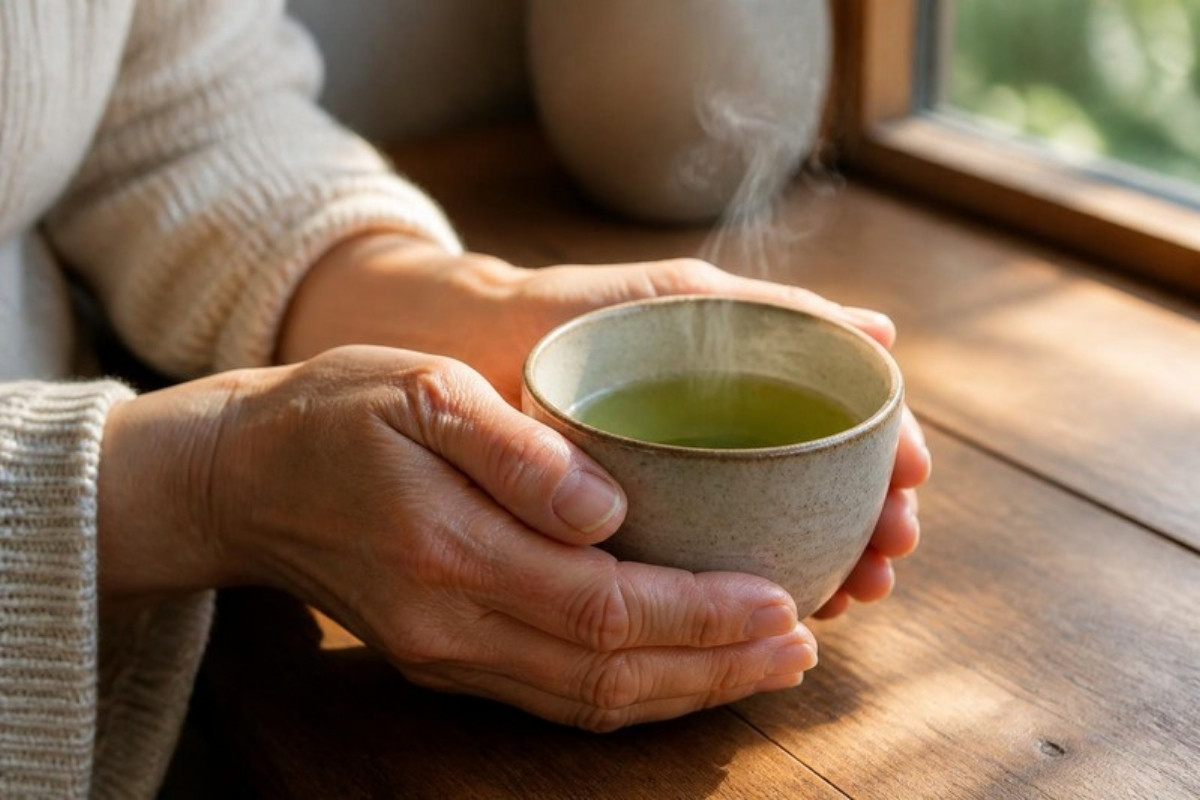 温かい緑茶の湯のみを両手で包み、香りと温かさを味わう手元