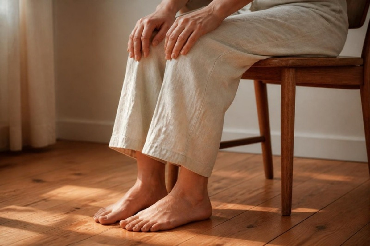 椅子に座り、素足の足の裏を木の床にしっかりつけている
