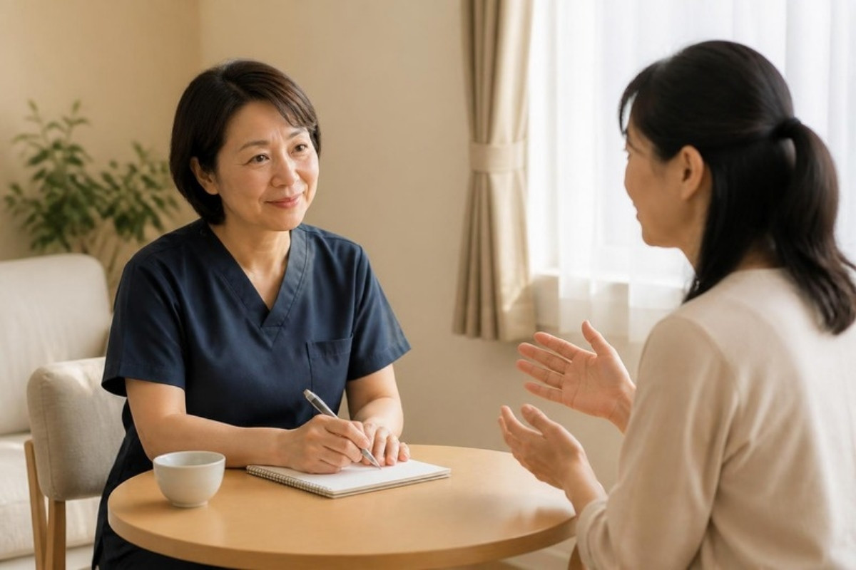 看護師が女性の話をゆっくり聞いている相談の場面