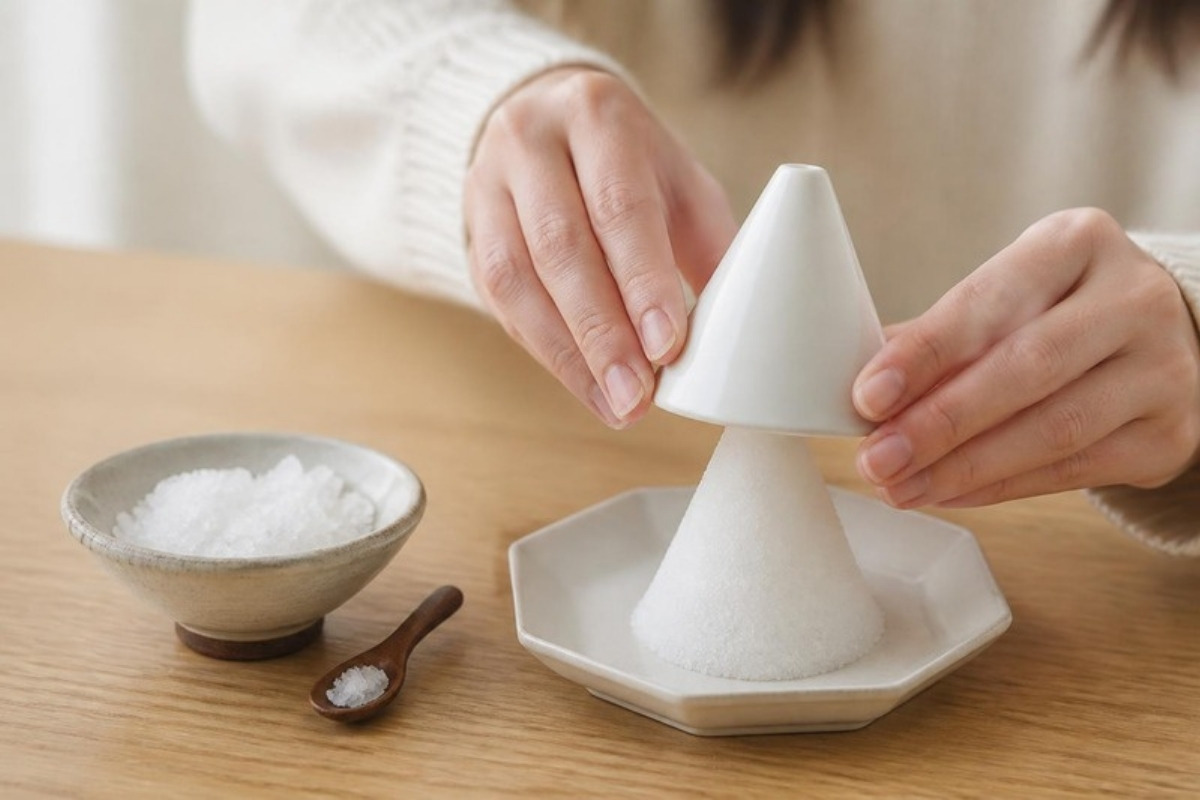 白い型をそっと持ち上げると、八角の小皿の上に円すいの盛り塩ができている手元