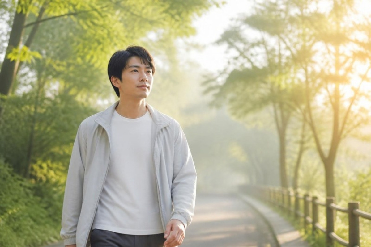 朝の光の中、少し前を向いて歩き出す男性