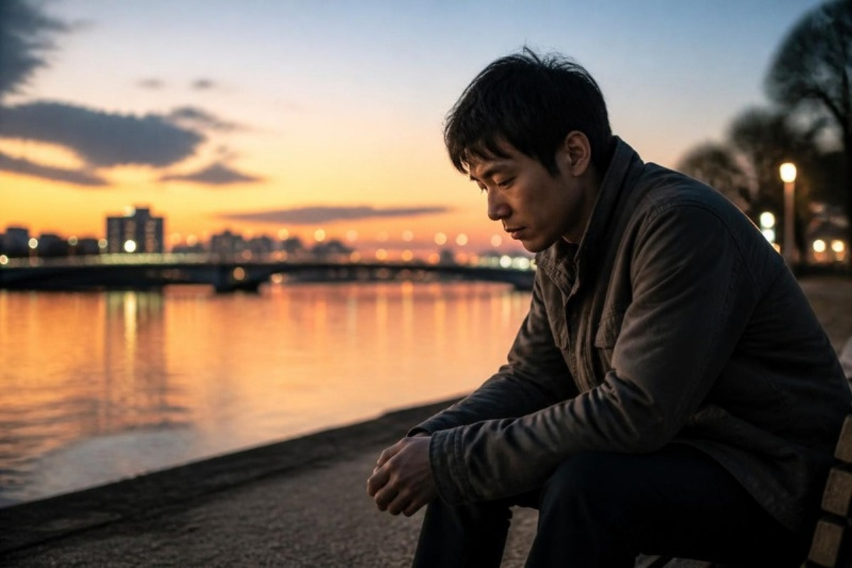 夕暮れの川沿いのベンチに座り、ひとりで考えこむ男性