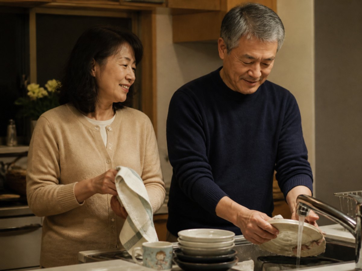 夜の台所で、来客のあとの食器を、夫が洗い、妻がふきんでふきながら、並んでおだやかに話す年配の夫婦の写真