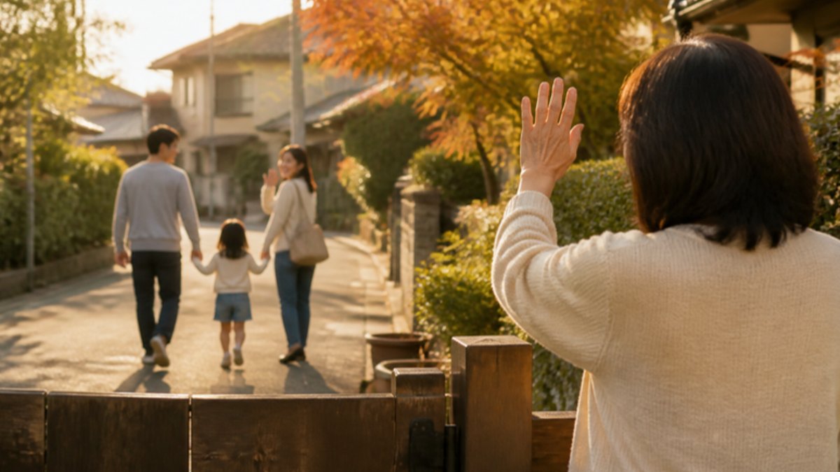 夕暮れの住宅街で、家の門の前から、手をつないで帰っていく息子夫婦と小さな孫に手を振って見送る女性の後ろ姿の写真