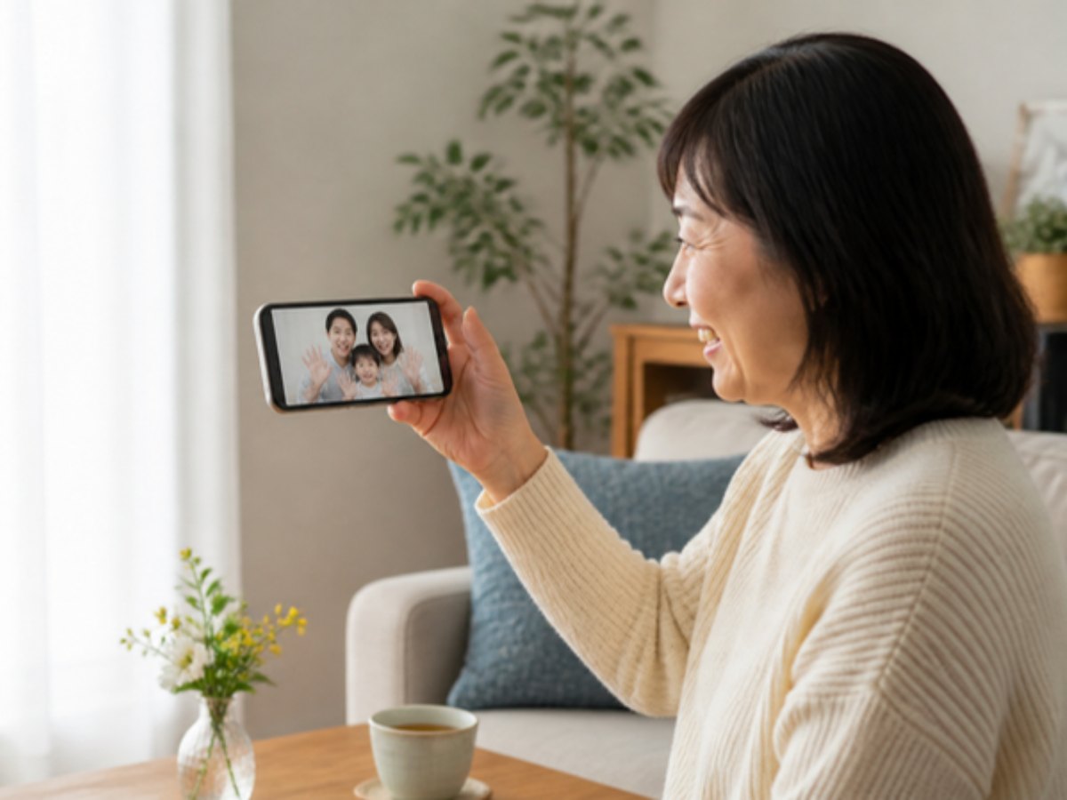 明るいリビングのソファで、スマートフォンのビデオ通話越しに手を振る息子夫婦と孫に、笑顔で話しかける女性の写真