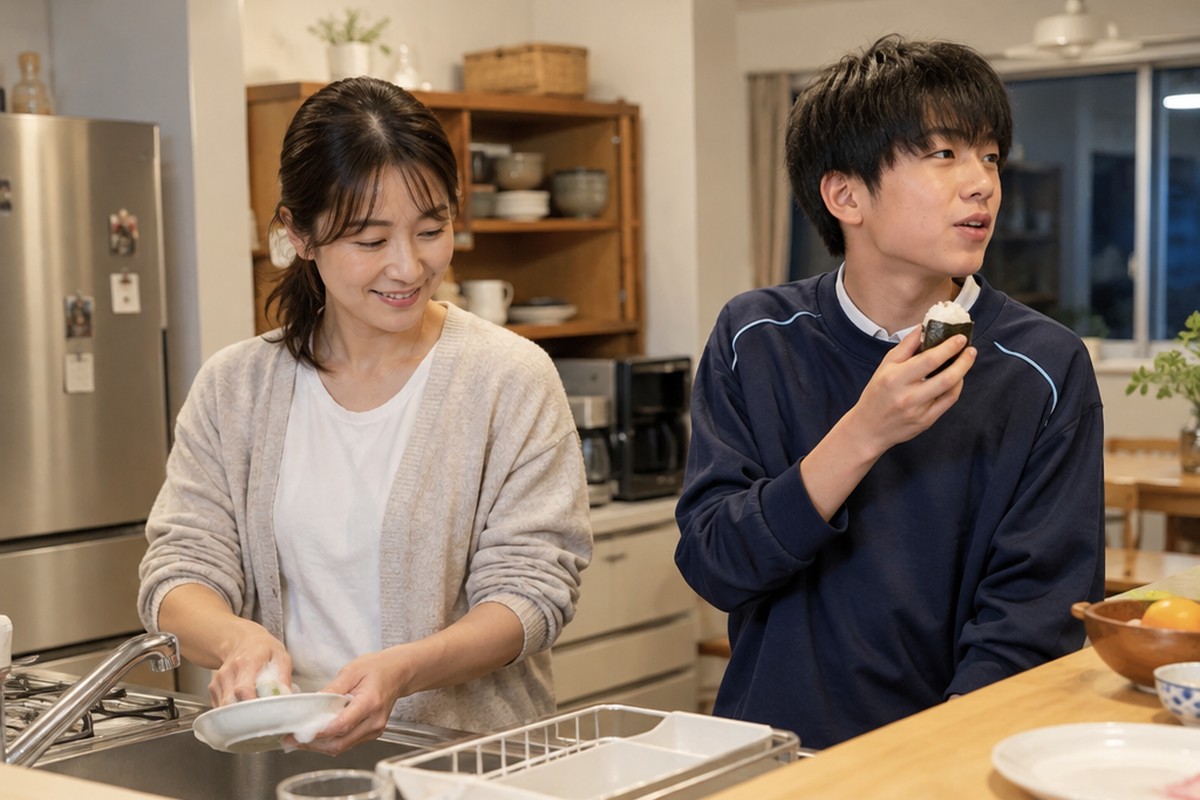 台所で洗い物をする母親と、となりでおにぎりを食べながら話す高校生の息子