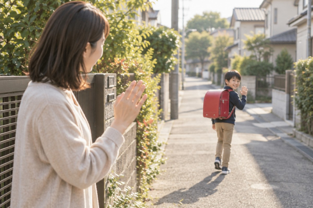 ランドセルを背負って登校する息子に、家の門から手を振って見送る30代の母親