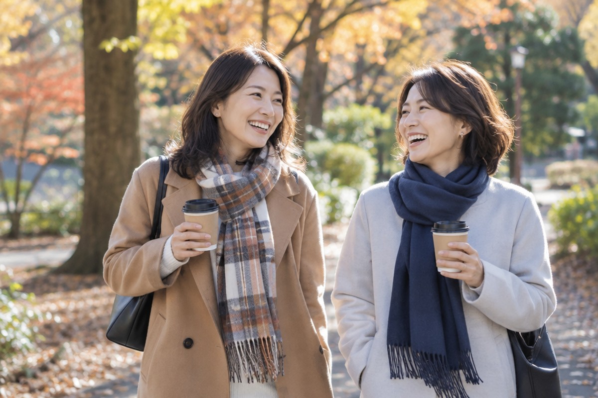 紅葉の公園で、友人とコーヒーを片手に笑いながら散歩する女性