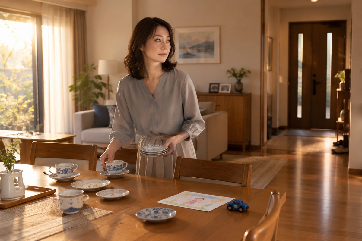 息子家族が帰ったあと、リビングで茶器を片づけながら玄関のほうを見つめる女性