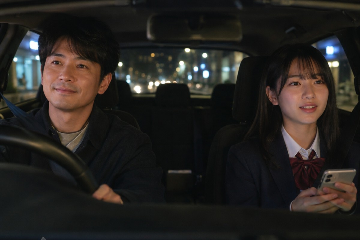 夜、車で迎えに来た父親と、助手席で話す制服姿の高校生の娘