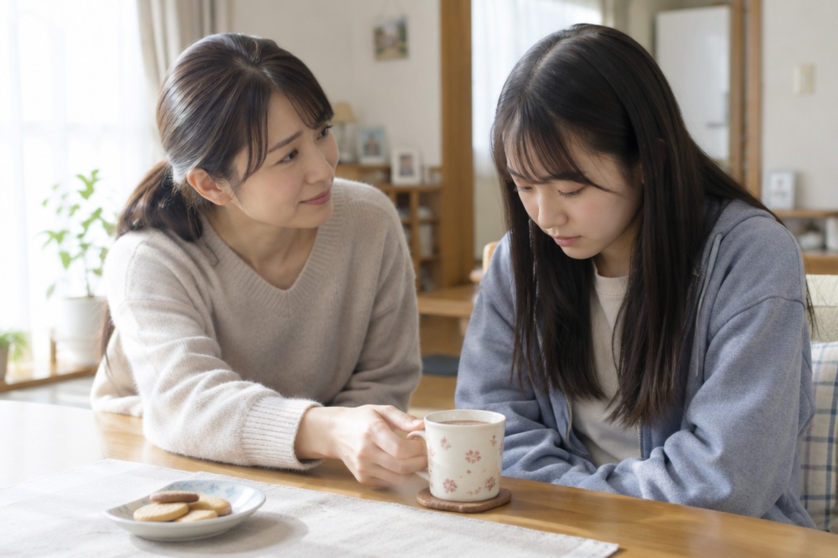 朝のダイニングで、ココアを差し出しながら娘に静かに謝る母親と、うつむきながら聞いている10代の娘