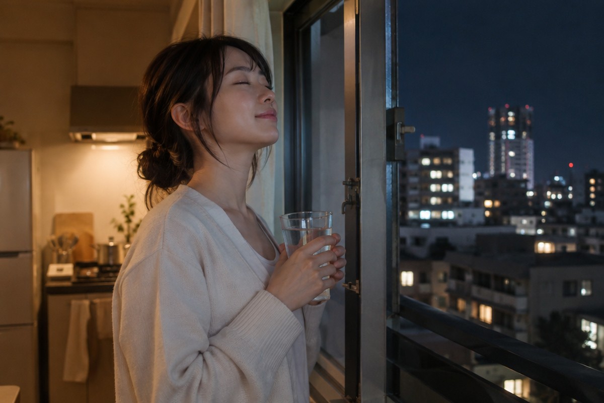 夜、台所の窓を開けて水の入ったグラスを持ち、目を閉じて深呼吸する30代の母親