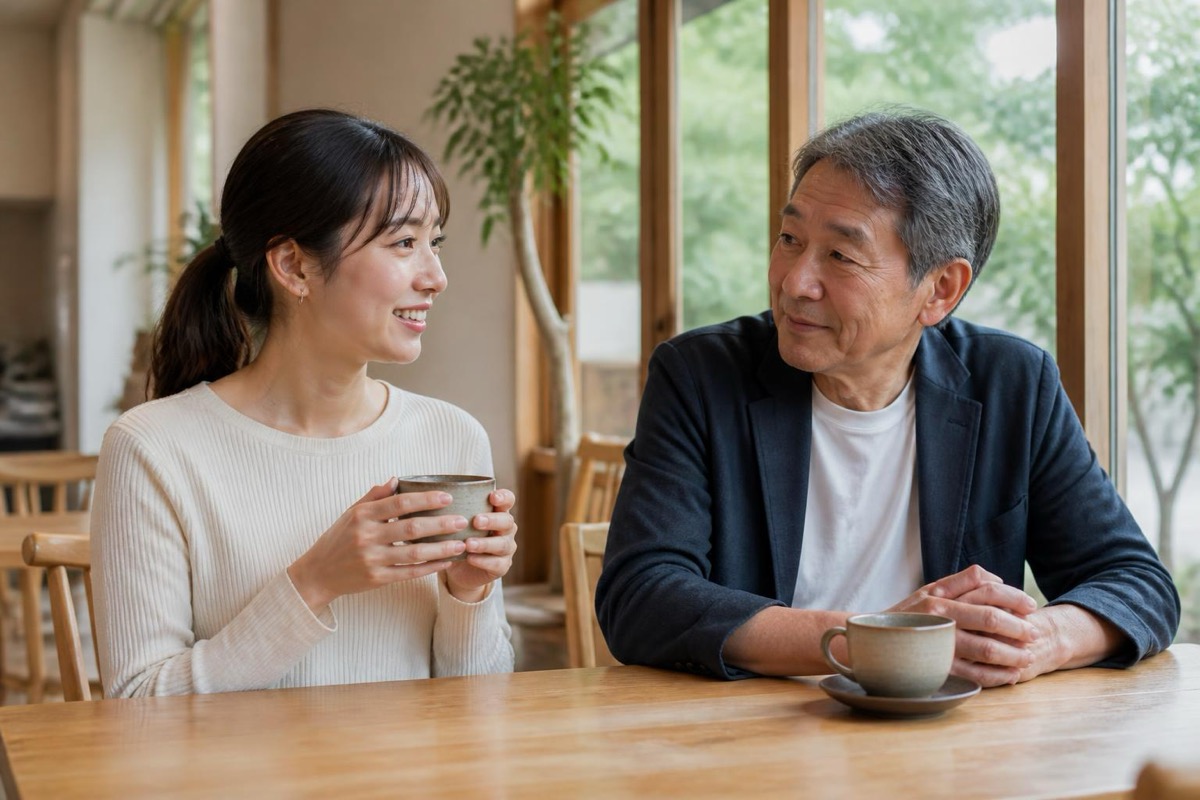 カフェの窓辺で穏やかに話す大人になった娘と父親