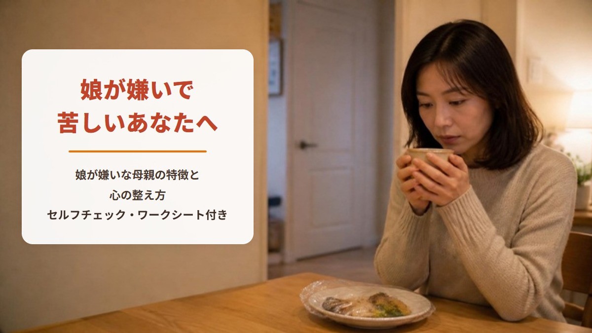 娘が嫌いで苦しいあなたへ　娘が嫌いな母親の特徴と心の整え方　セルフチェック・ワークシート付き（夜のダイニングで、マグカップを手にひとり考えこむ女性）