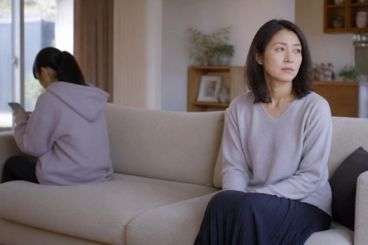 ソファの両端に座り、目を合わせない母と娘