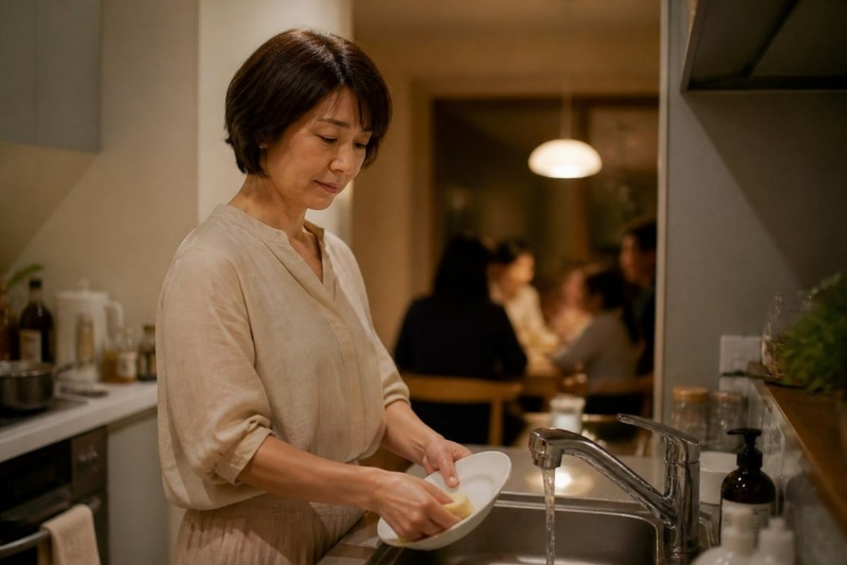 家族の食事のあと、台所でひとり食器を洗う女性