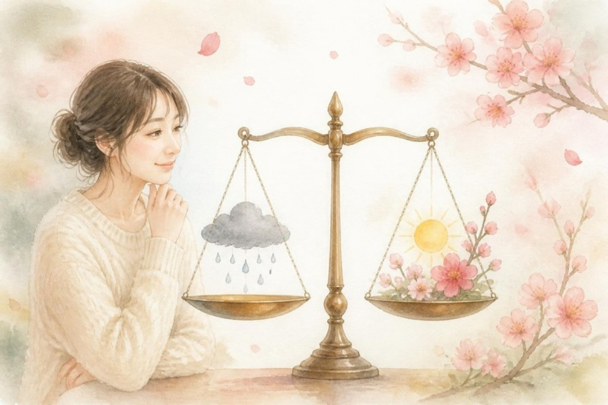 雨雲と、梅の花に囲まれた太陽が釣り合う天秤を、穏やかに見つめる女性の水彩イラスト