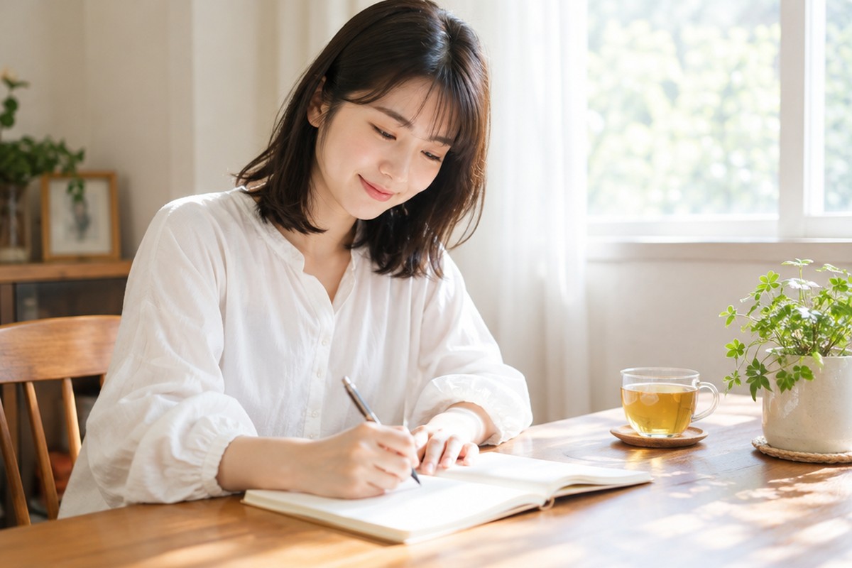 窓辺のテーブルで、ハーブティーを横にノートに書き込む女性