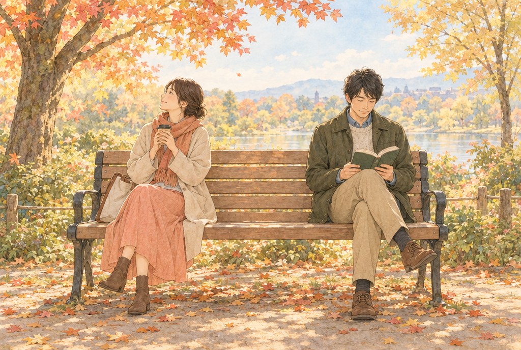 紅葉の公園のベンチで、少し間をあけて座るカップルの水彩イラスト。女性は温かい飲みものを手に、くつろいで空を見上げ、男性は静かに本を読んでいる