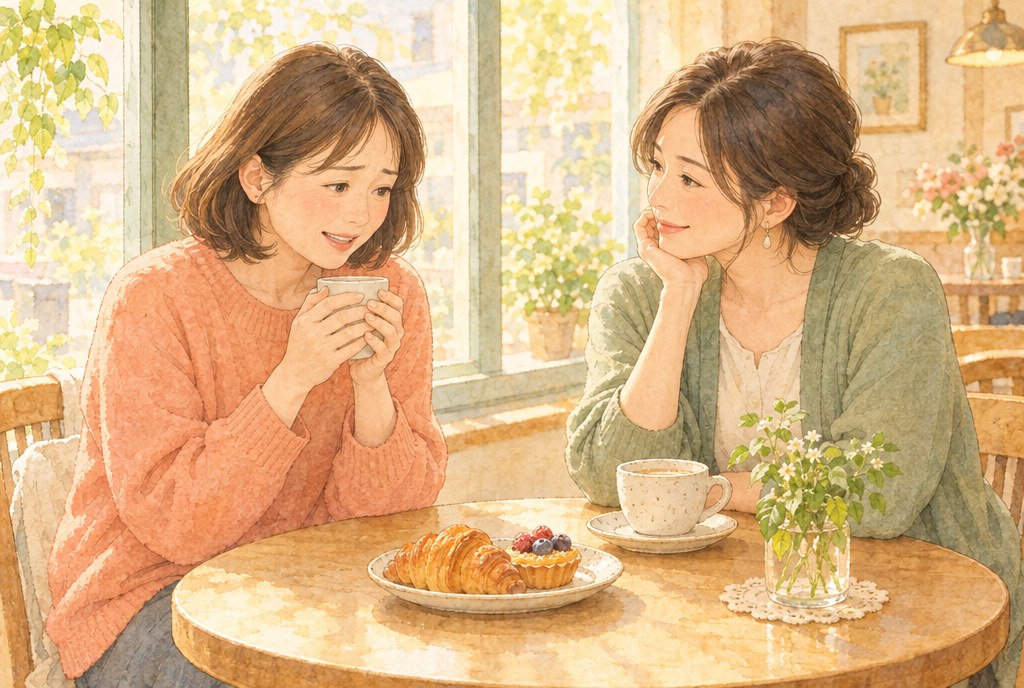 窓辺のカフェで、ひとりの女性がカップを両手で包みながら、少し照れくさそうに小さな悩みを打ち明け、向かいの友人がほおづえをついて、やさしくほほえみながら聞いている水彩イラスト