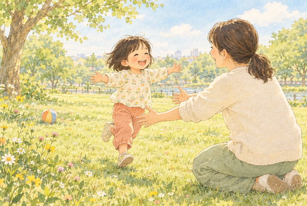 公園で、ボール遊びをしていた小さな子どもが、うれしそうに両手を広げて、しゃがんで待つ親の腕の中へ走っていく水彩イラスト