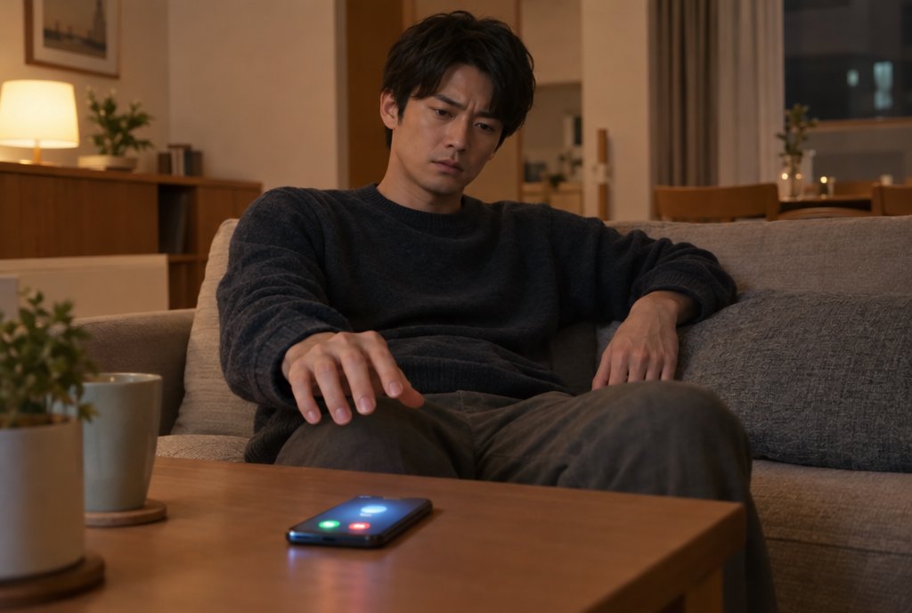 夜、ランプの灯る部屋のソファで、テーブルの上で光るスマホの着信を見つめ、出るのをためらっている男性の写真