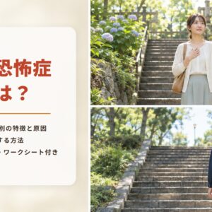 恋愛恐怖症とは？　5つのタイプ別の特徴と原因　克服する方法　セルフチェック・ワークシート付き（日の差す庭の石段で胸に手をあてる女性と、公園の石段を見上げる男性の写真）