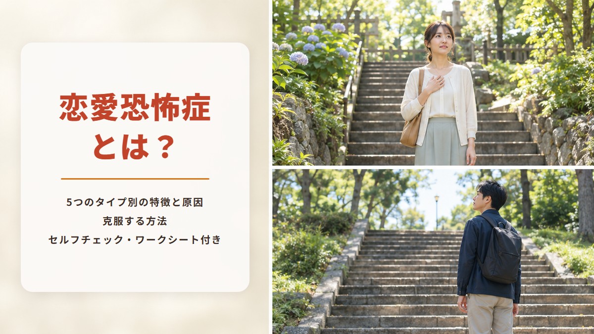 恋愛恐怖症とは？　5つのタイプ別の特徴と原因　克服する方法　セルフチェック・ワークシート付き（日の差す庭の石段で胸に手をあてる女性と、公園の石段を見上げる男性の写真）