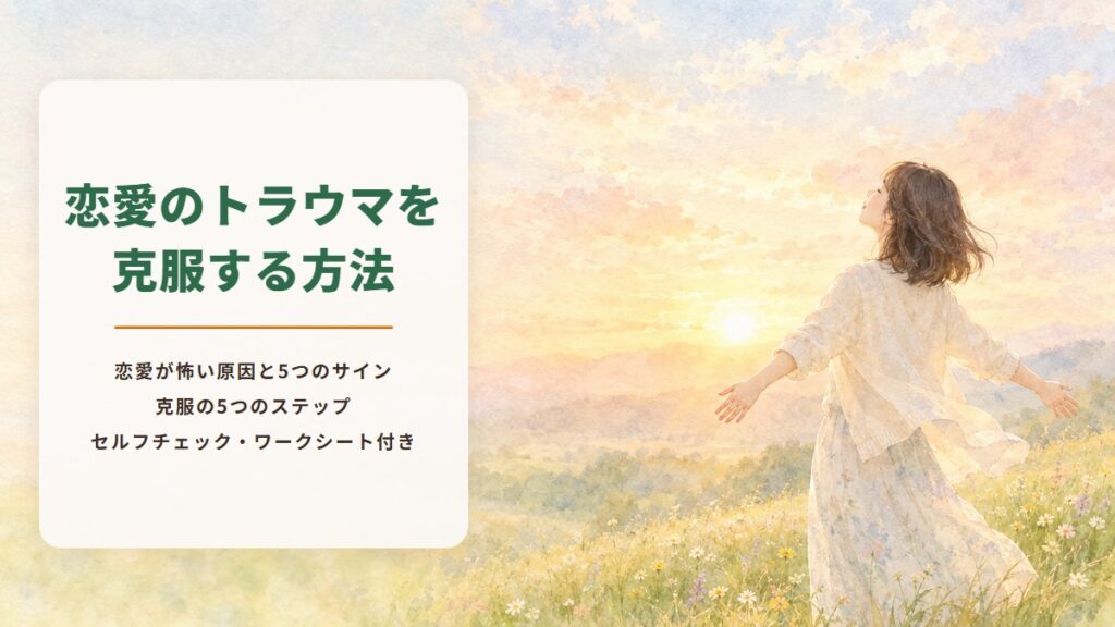 恋愛のトラウマを克服する方法　恋愛が怖い原因と5つのサイン　克服の5つのステップ　セルフチェック・ワークシート付き（朝日の中、花の咲く丘で両手を広げて深呼吸する女性の水彩イラスト）