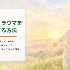 恋愛のトラウマを克服する方法　恋愛が怖い原因と5つのサイン　克服の5つのステップ　セルフチェック・ワークシート付き（朝日の中、花の咲く丘で両手を広げて深呼吸する女性の水彩イラスト）
