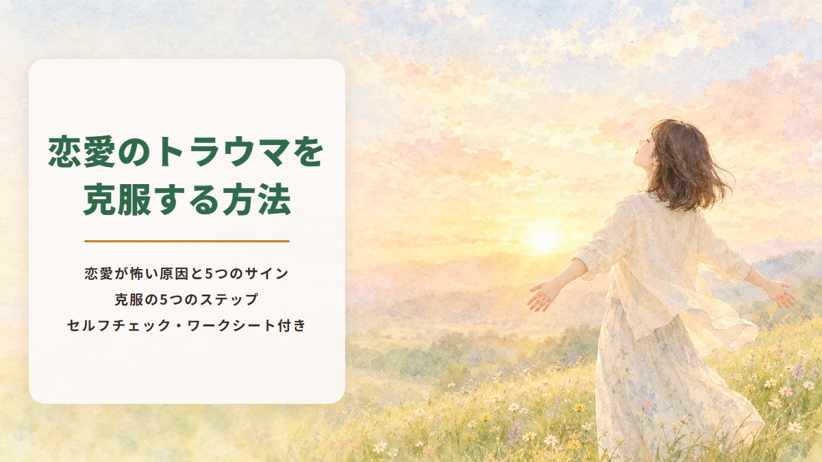 恋愛のトラウマを克服する方法　恋愛が怖い原因と5つのサイン　克服の5つのステップ　セルフチェック・ワークシート付き（朝日の中、花の咲く丘で両手を広げて深呼吸する女性の水彩イラスト）