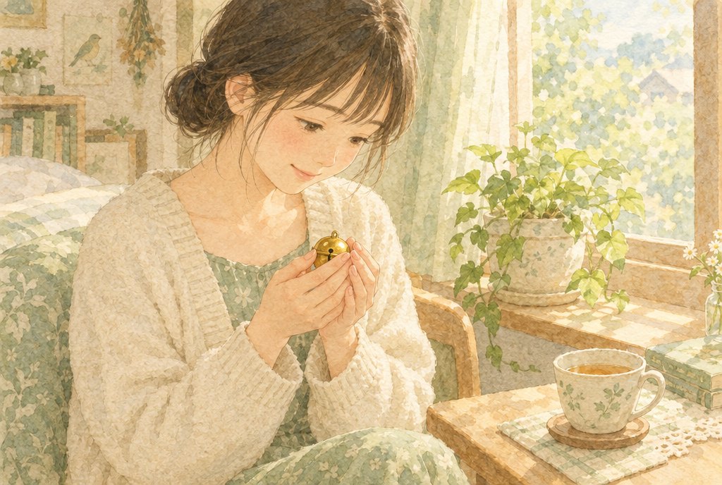 日の差す窓辺で、女性が小さな金色の鈴を両手でそっと包み、おびえた小鳥をなだめるように、やさしく見つめている水彩イラスト
