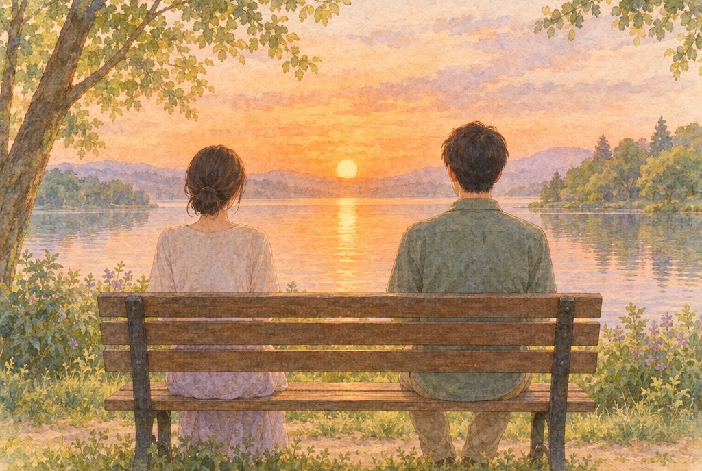 夕焼けの湖のほとりで、女性と男性が木のベンチに少し間をあけて座り、同じ夕日を静かに眺めている後ろ姿の水彩イラスト