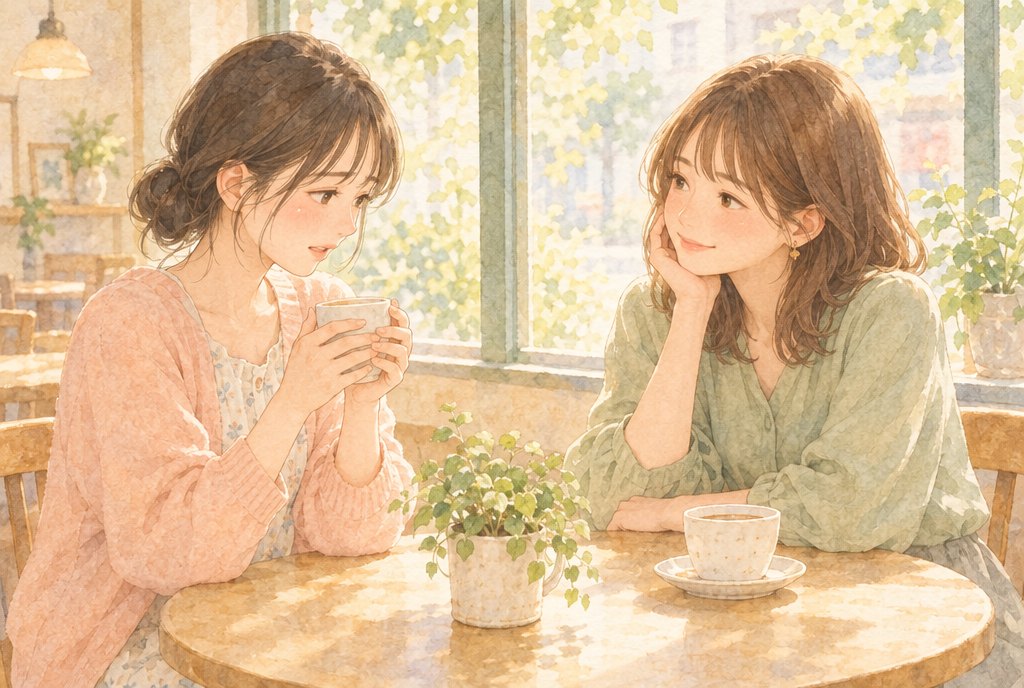 明るいカフェの窓辺で、女性がカップを両手で包みながら少し照れくさそうに悩みを話し、向かいの友人がほおづえをついて、やさしくほほえみながら聞いている水彩イラスト