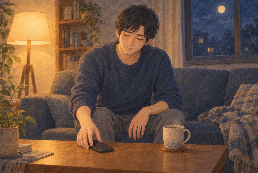 夜、あたたかなランプの灯る部屋で、ソファに座った男性が、スマホを画面を下にしてテーブルに置き、目を閉じてひと息ついている水彩イラスト