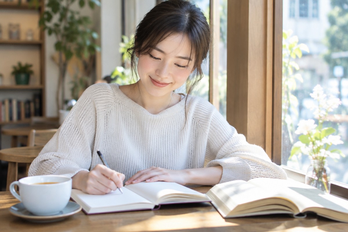 カフェの窓辺で、女性が本を開いてノートに書き込んでいる