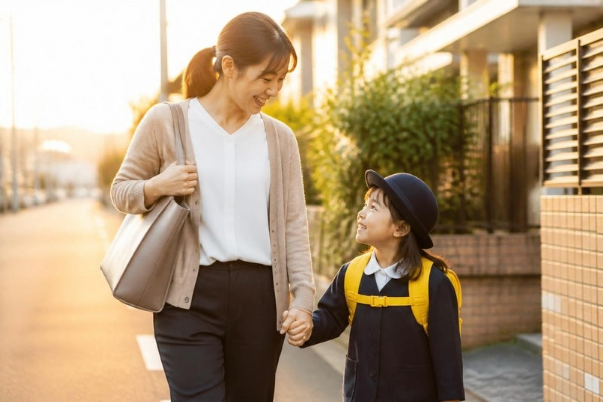 夕暮れの道を、保育園帰りの子どもと手をつないで笑顔で歩く仕事帰りの母親