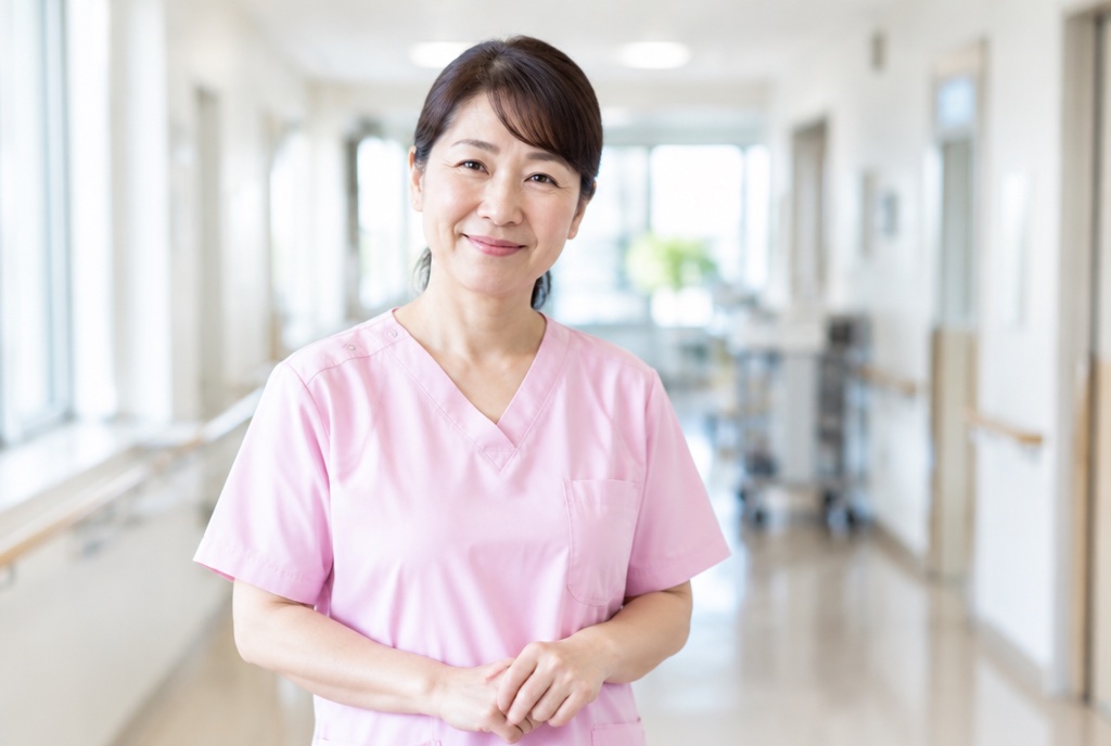 病院の廊下でやさしくほほえむ看護師