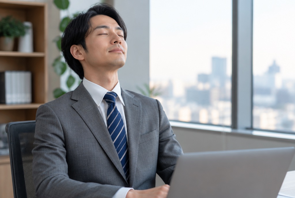 オフィスのデスクで少し上を向き目を閉じて深呼吸するスーツ姿の男性