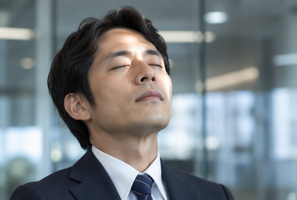オフィスで目を閉じて静かに上を向くスーツ姿の男性