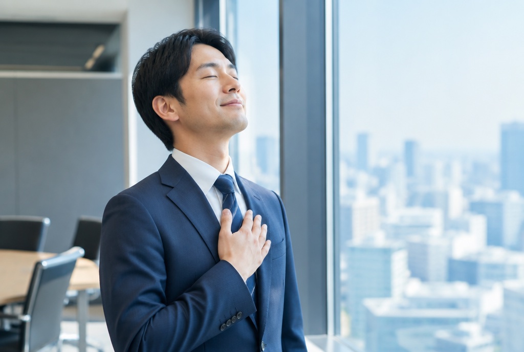 会議室の窓辺で胸に手を当て目を閉じるスーツ姿の男性