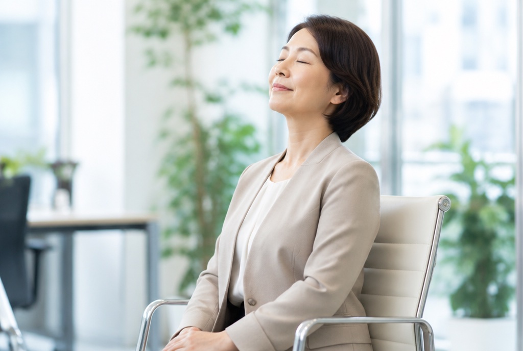 オフィスの椅子で少し上を向き目を閉じて瞑想するビジネススーツ姿の40代女性