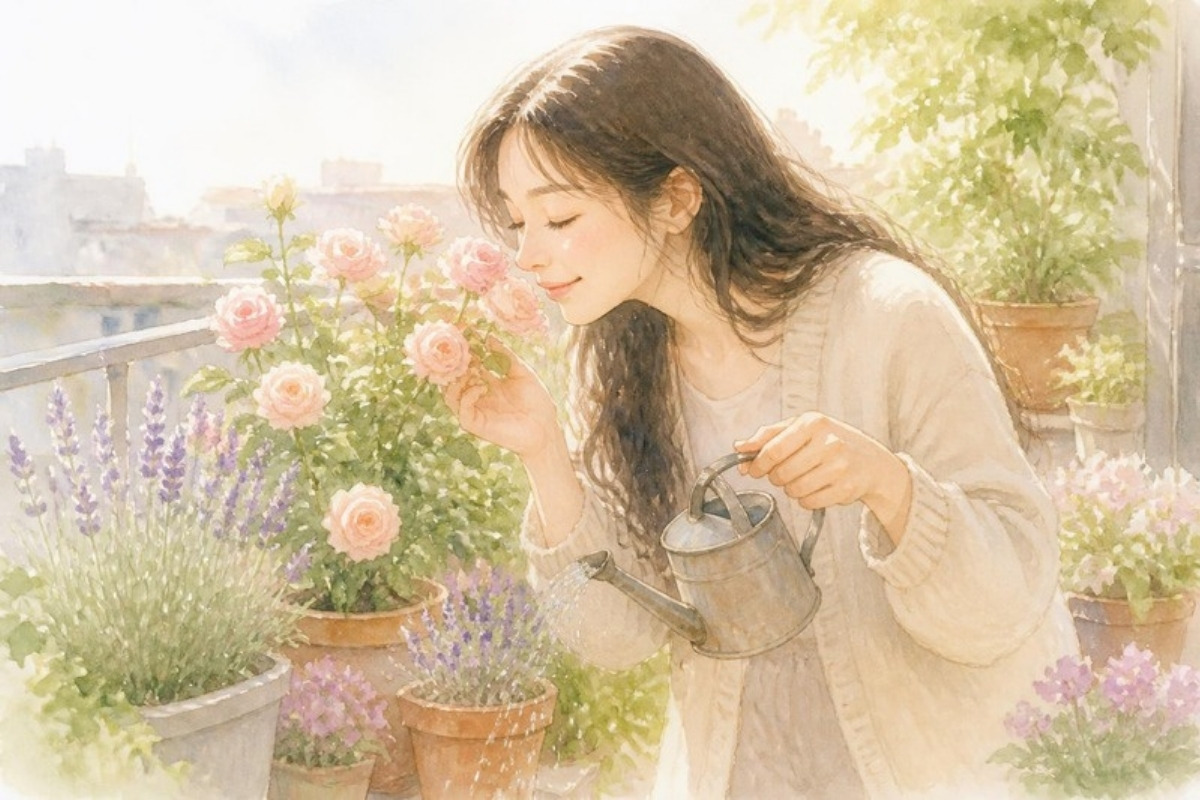 朝の光が差すベランダで、じょうろで花に水をあげながら、バラの香りを楽しむ女性の水彩イラスト