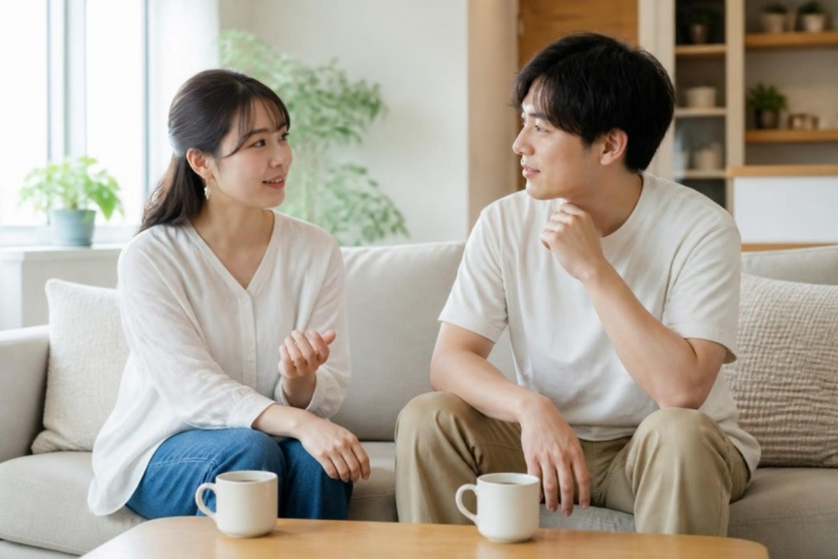 昼間の明るいリビングのソファで、穏やかに話し合う30代の夫婦