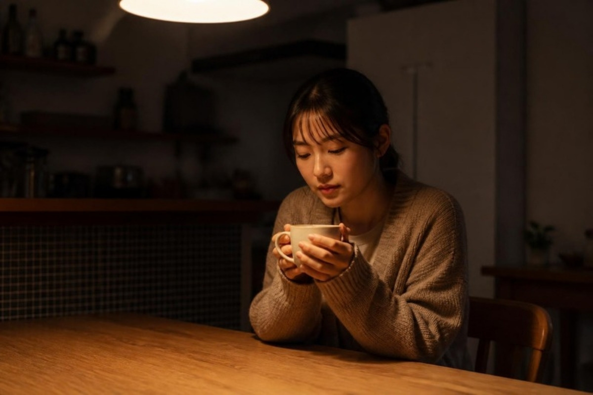 夜のダイニングテーブルでマグカップを両手で持ち、ひとりで考えこむ30代の女性