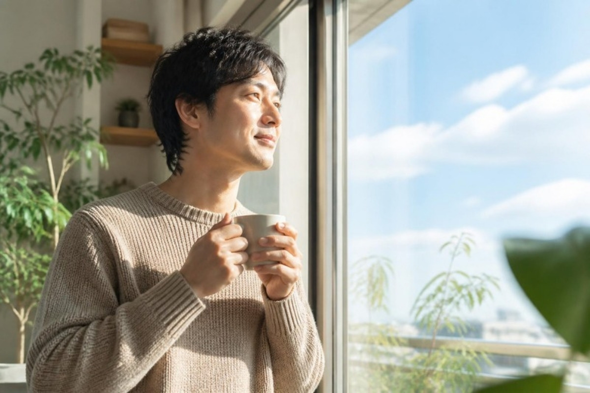 朝の光が差す窓辺でコーヒーを手に空を見上げ、穏やかにほほえむ30代の男性
