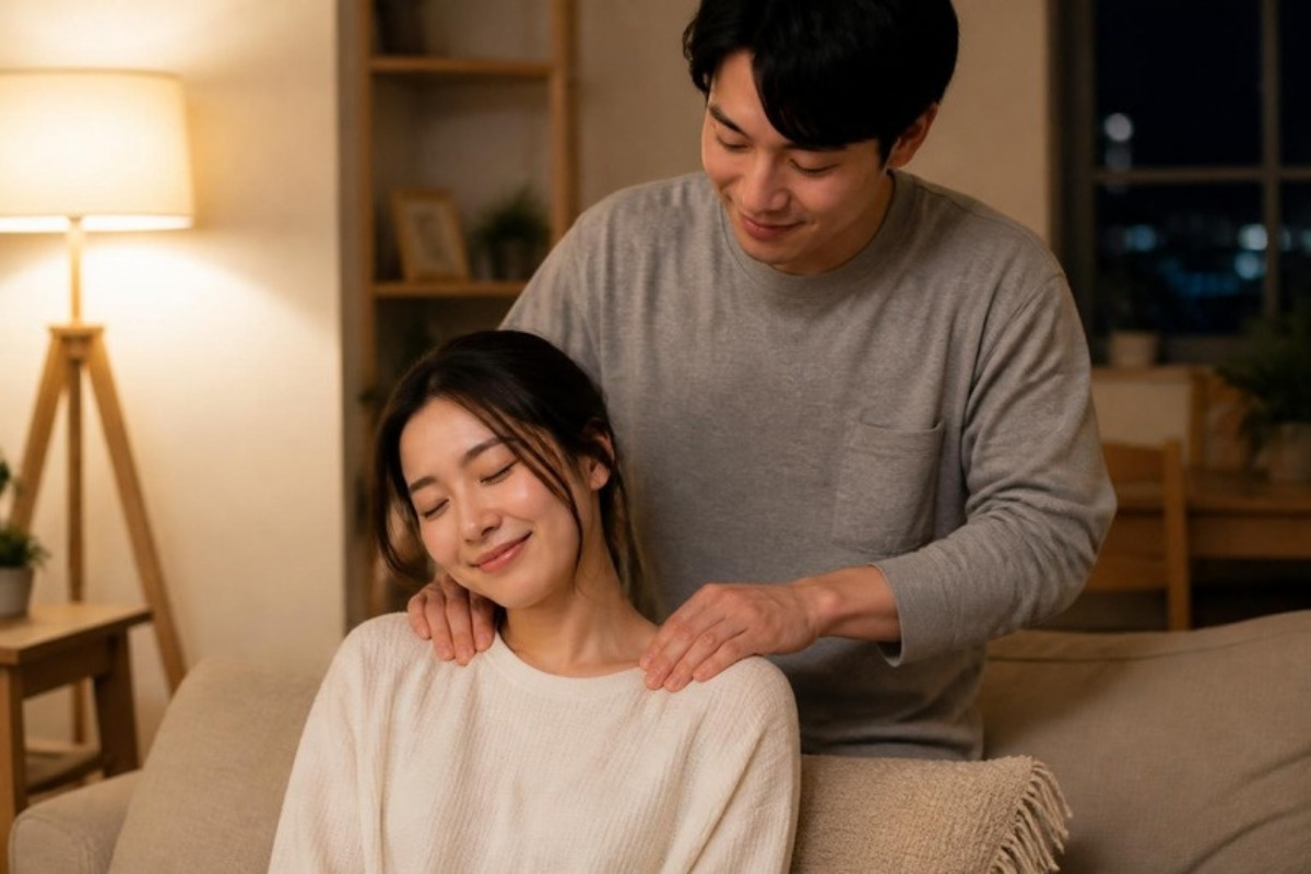 リビングのソファで妻の肩をやさしくもむ30代の夫と、ほほえむ妻
