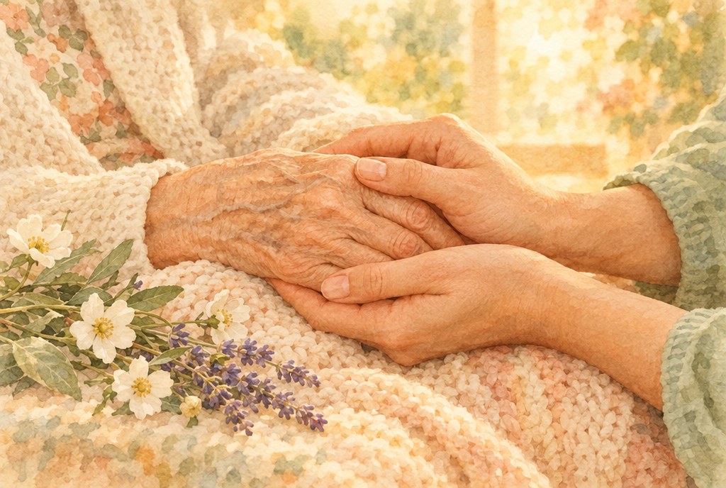 やわらかな毛布の上で、年配の女性の手を、もうひとりの女性が両手でそっと包んでいる水彩イラスト。そばに白い花とラベンダー