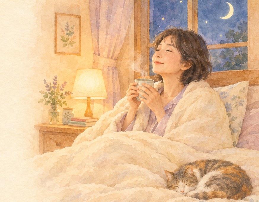 三日月の見える夜、ランプの温かい灯りの下で、毛布にくるまって温かい飲みものを手に、目を閉じてほっとしている女性と、足もとで眠る猫の水彩イラスト